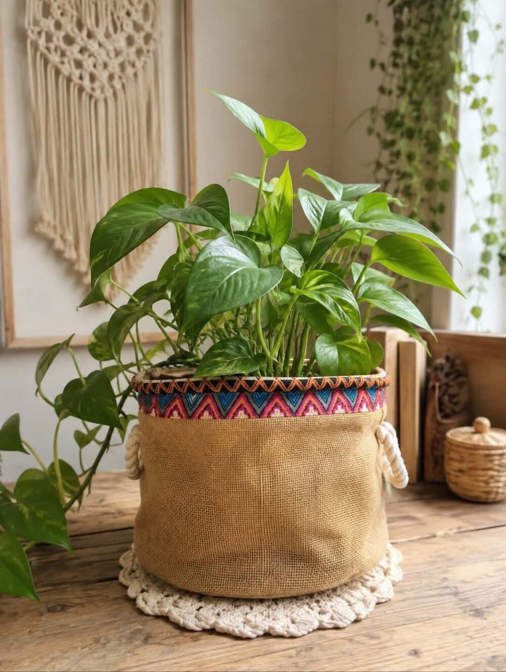 Neutral Burlap Beach Tote with Colorful Aztec Trim